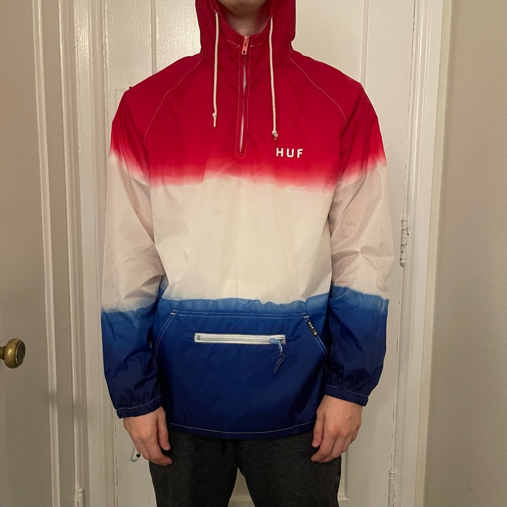 red, white, and blue gradient HUF windbreaker